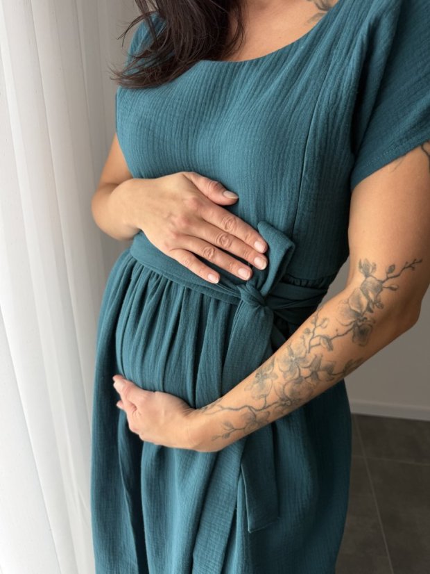 Maxi BOHO mušelínové šaty - MAMA A DCÉRA - petrolejová