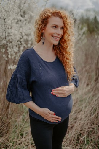 Mušelínová blúzka na dojčenie s PUFF rukávmi - tmavomodrá - Veľkosť: M/L