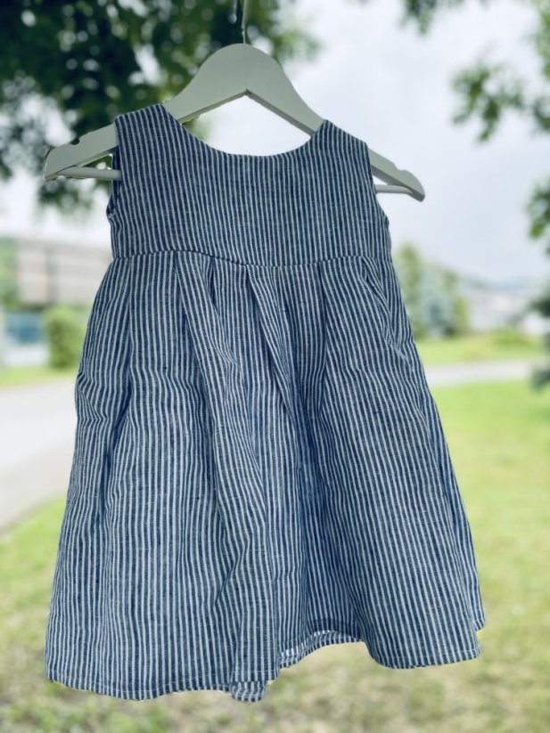 Dievčenské ľanové šaty - tmavomodrý pásik - Veľkosť detské oblečenie: 92-98