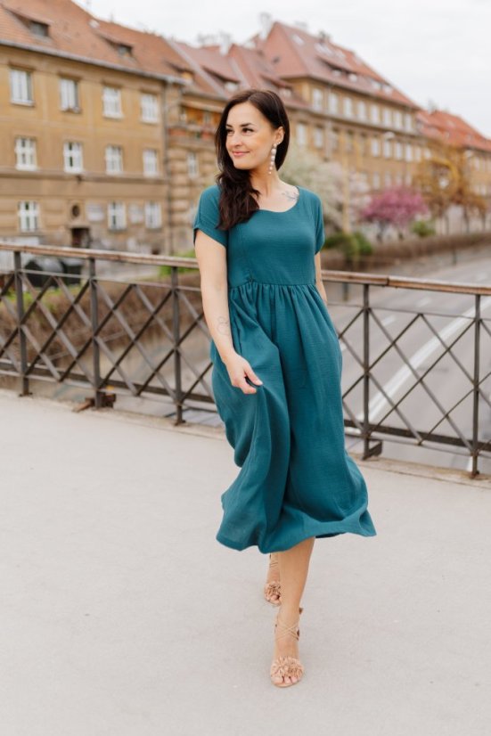 Maxi BOHO mušelínové šaty - petrolejová