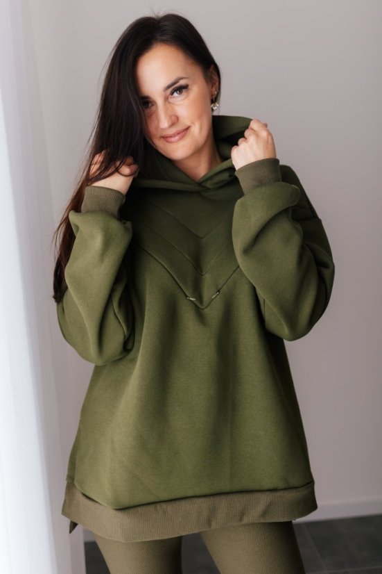 ELARA SET – asymetrická mikina & rebrované legíny - khaki zelená