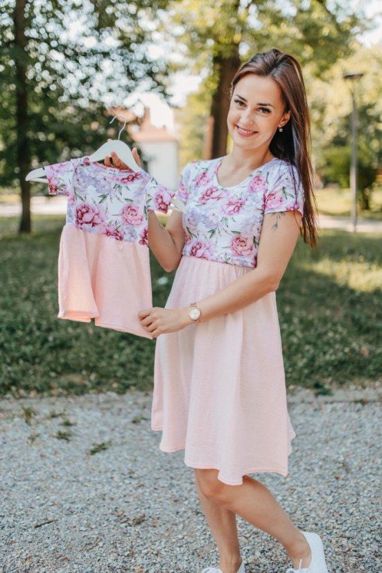 Šaty "Bohémia" Mušelin - MAMA a DCÉRA – ružové pivonky