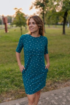 Rovné šaty na dojčenie – Zlaté srdiečka na petrolejovej