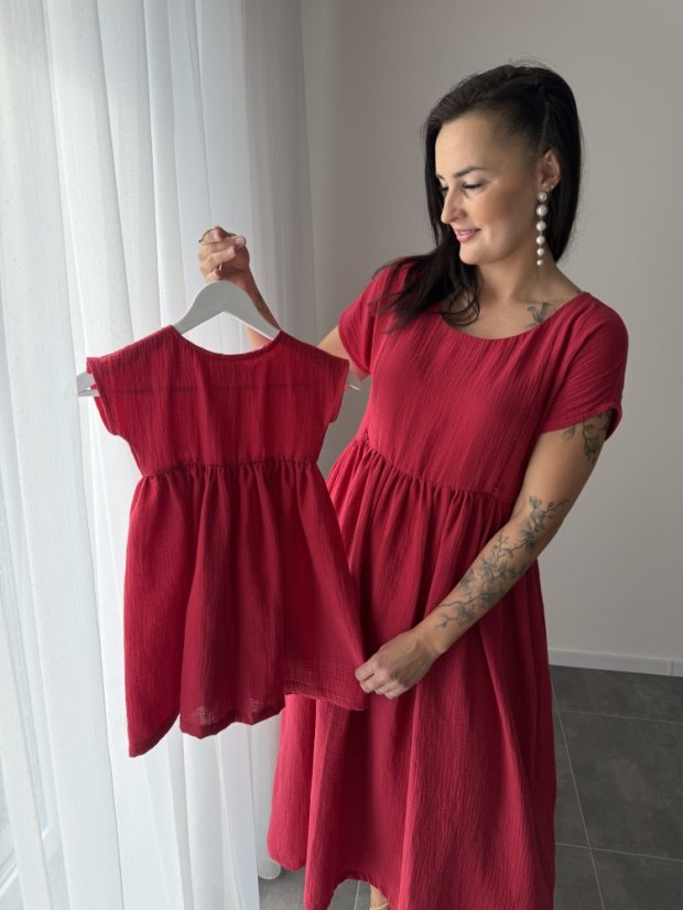 Maxi BOHO mušelínové šaty - MAMA A DCÉRA - tmavočervená