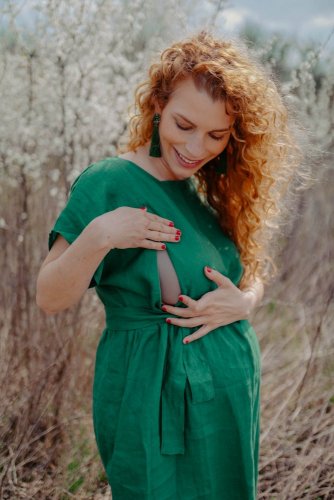Ľanové MIDI šaty na dojčenie – zelené