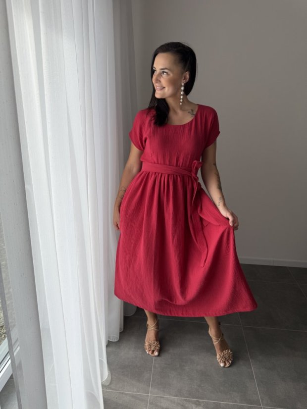 Maxi BOHO mušelínové šaty - MAMA A DCÉRA - tmavočervená