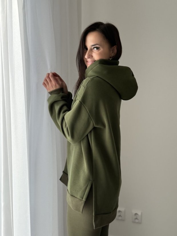 ELARA SET – asymetrická mikina & rebrované legíny - khaki zelená