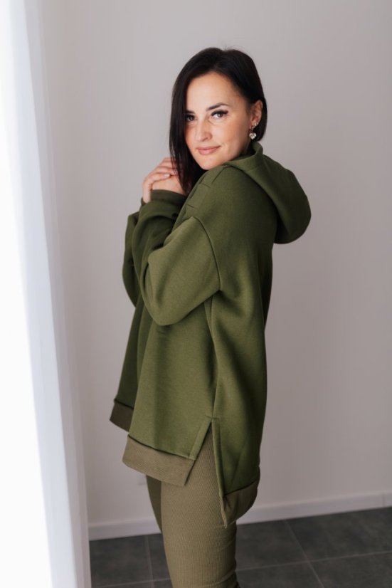 ELARA SET – asymetrická mikina & rebrované legíny - khaki zelená