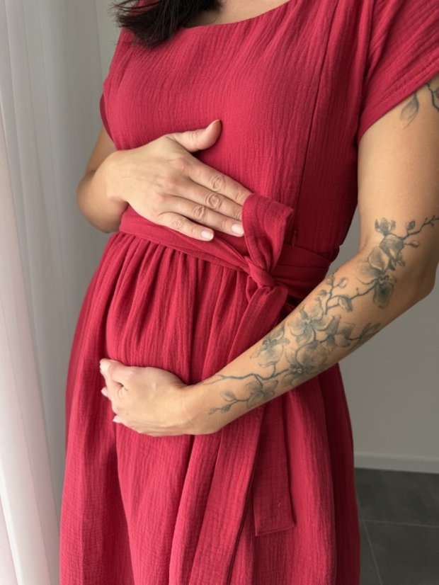 Maxi BOHO mušelínové šaty - MAMA A DCÉRA - tmavočervená