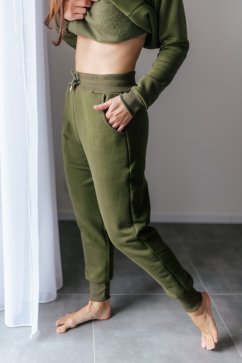 Tepláky s vysokým pásom – khaki zelená