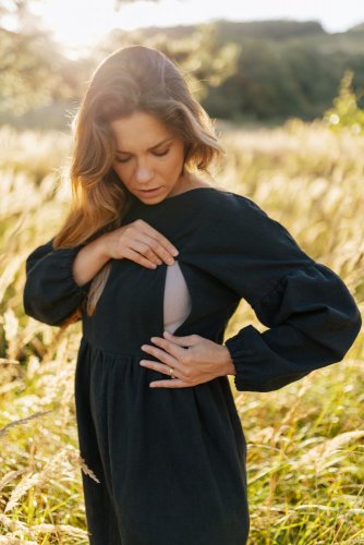 Ľanové šaty s PUFF rukávmi - čierne - Veľkosť: M/L, Variant: Na dojčenie