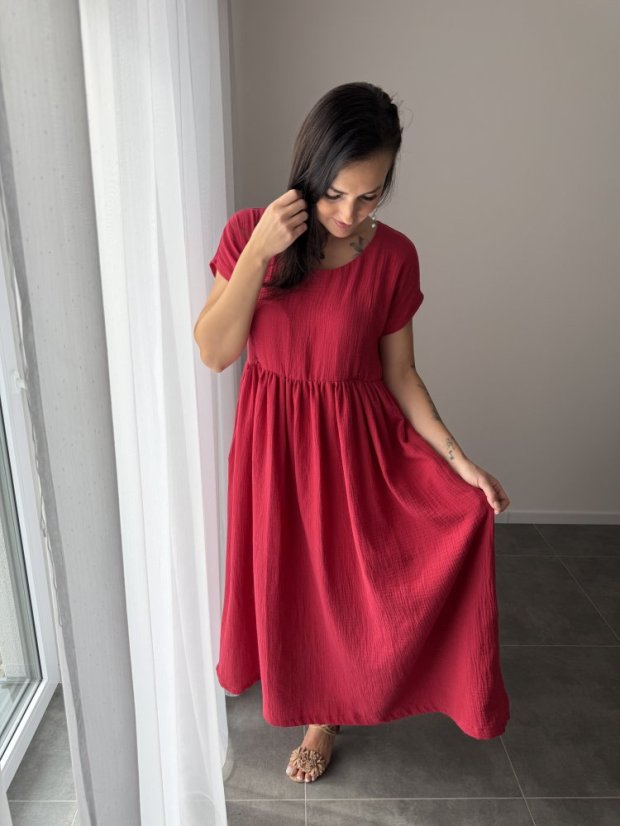 Maxi BOHO mušelínové šaty - MAMA A DCÉRA - tmavočervená