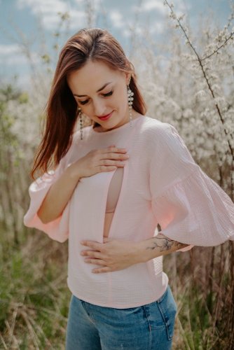Mušelínová blúzka na dojčenie s PUFF rukávmi - ružová