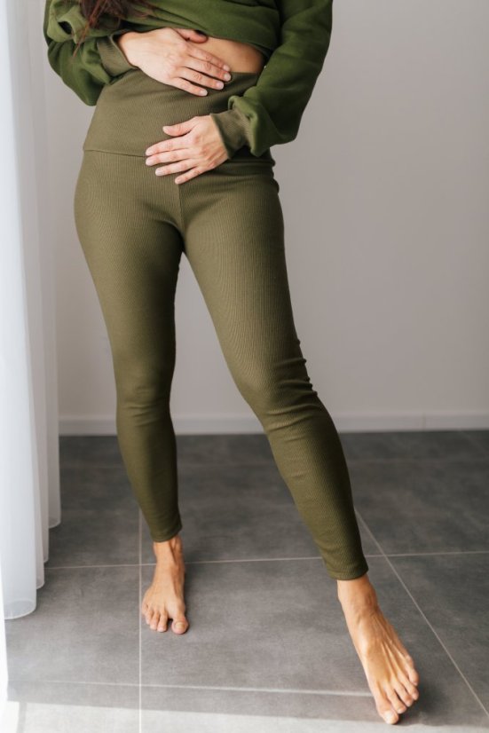ELARA SET – asymetrická mikina & rebrované legíny - khaki zelená