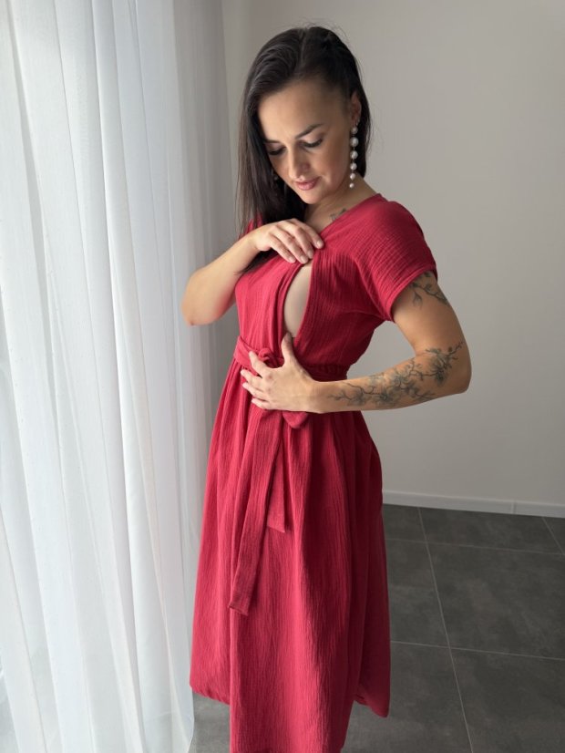 Maxi BOHO mušelínové šaty - MAMA A DCÉRA - tmavočervená