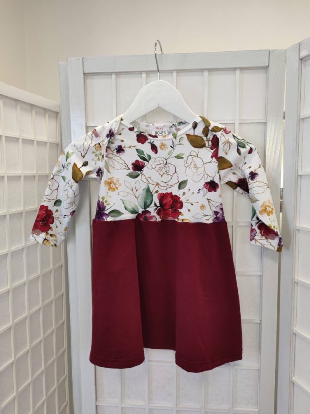 Dievčenské teplákové šaty s nazberkanou sukňou - zlaté kvety s bordovou - Veľkosť detské oblečenie: 68-74