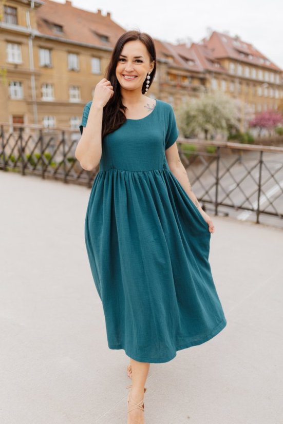 Maxi BOHO mušelínové šaty - petrolejová