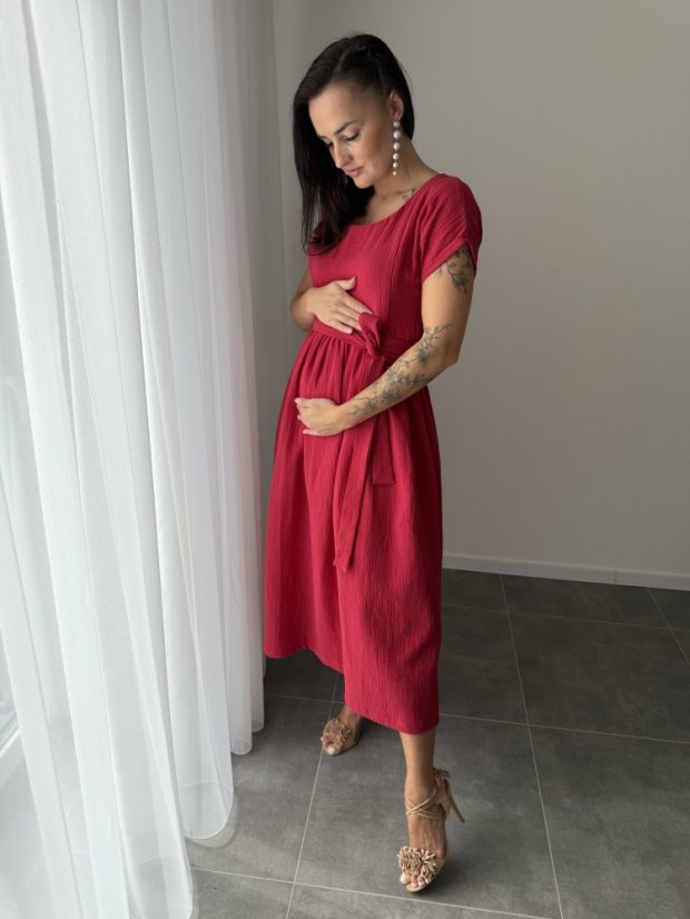 Maxi BOHO mušelínové šaty - MAMA A DCÉRA - tmavočervená