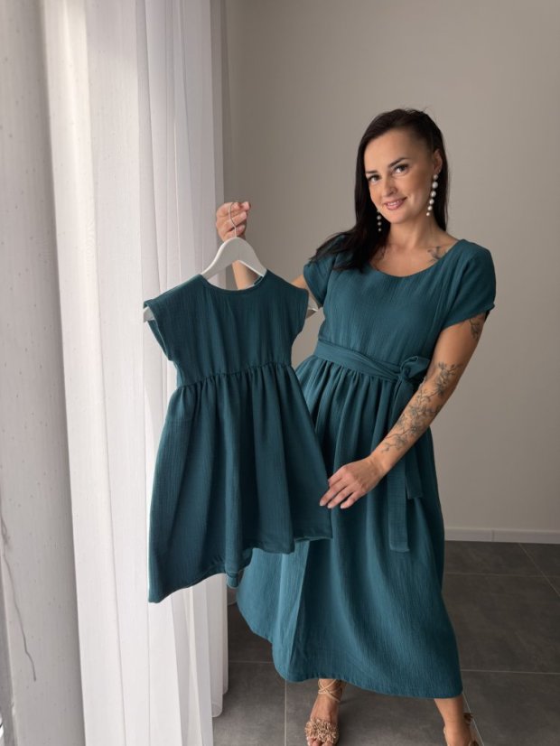 Maxi BOHO mušelínové šaty - MAMA A DCÉRA - petrolejová