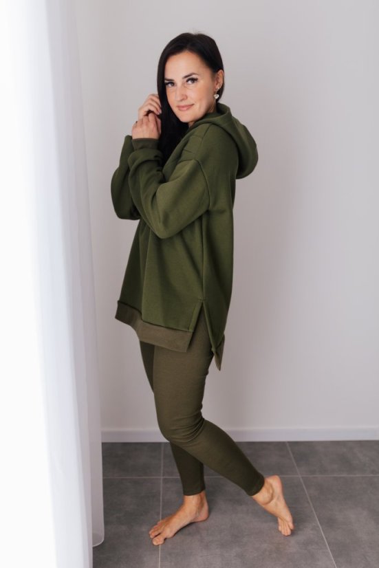 ELARA SET – asymetrická mikina & rebrované legíny - khaki zelená