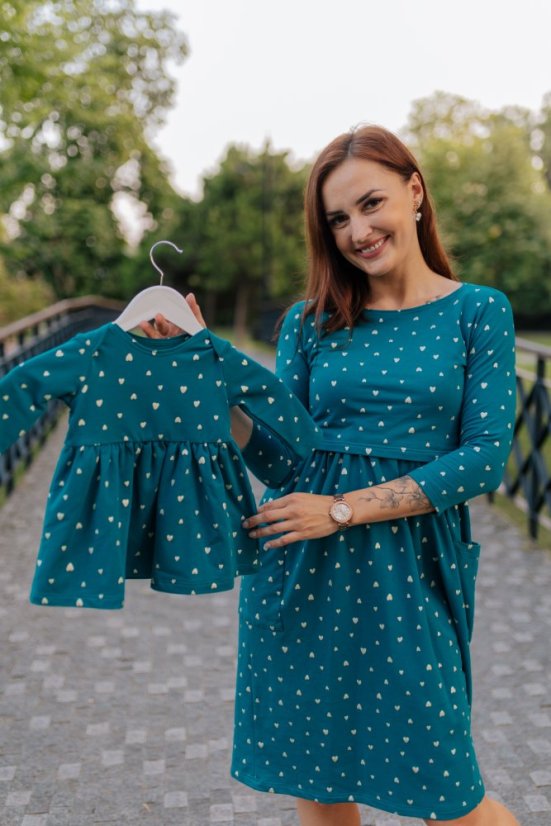 MIDI teplákové šaty MAMA a DCÉRA – zlaté srdiečka na petrolejovej