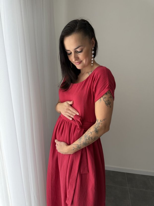 Maxi BOHO mušelínové šaty - MAMA A DCÉRA - tmavočervená