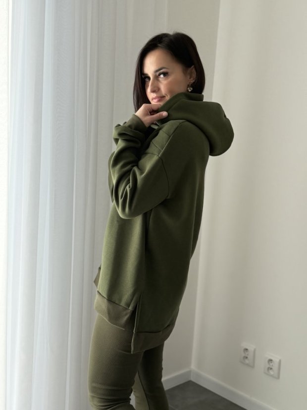 ELARA SET – asymetrická mikina & rebrované legíny - khaki zelená
