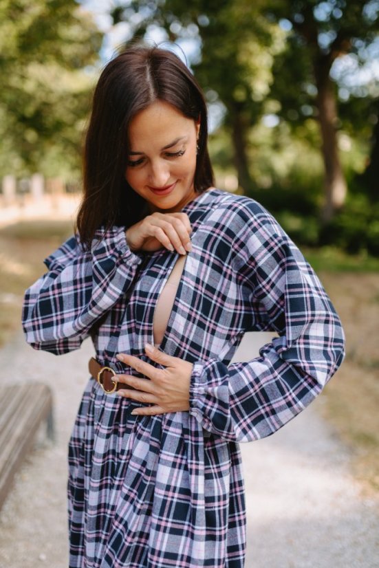 Šaty "Boho Flanel" - modro-ružové kocky