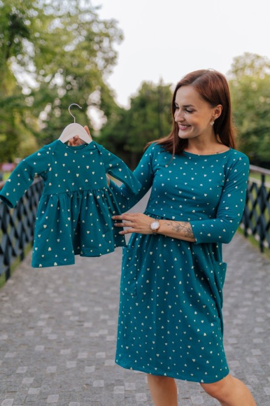 MIDI teplákové šaty MAMA a DCÉRA – zlaté srdiečka na petrolejovej